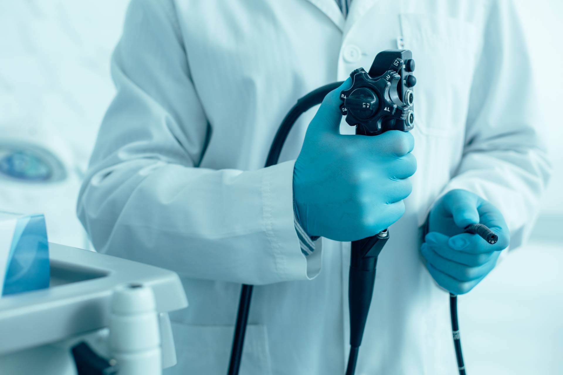 Close up of an endoscope in hands of a medical worker stock photo