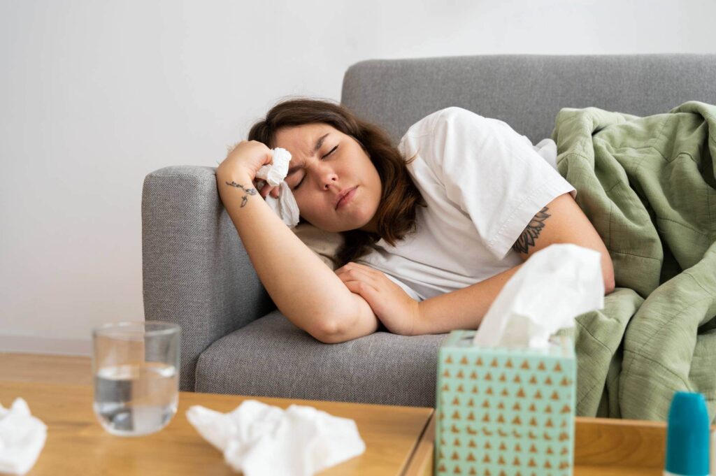 Sick woman laying on couch